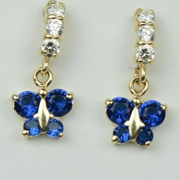 Solid 14K Yellow Gold Lab Created CZ Birthstone Butterfly Dangle Earrings - Picture 10 of 13